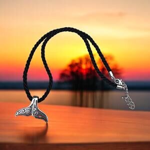 Tribal Whale Tail Pendant Necklace on Black Cord-Stainless Steel